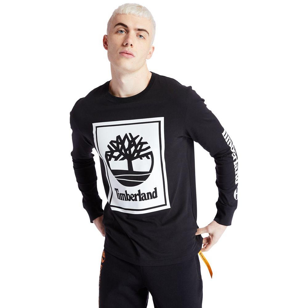 Timberland Mens T-Shirts Long-Sleeve Logo - Black/White - India YF0156924